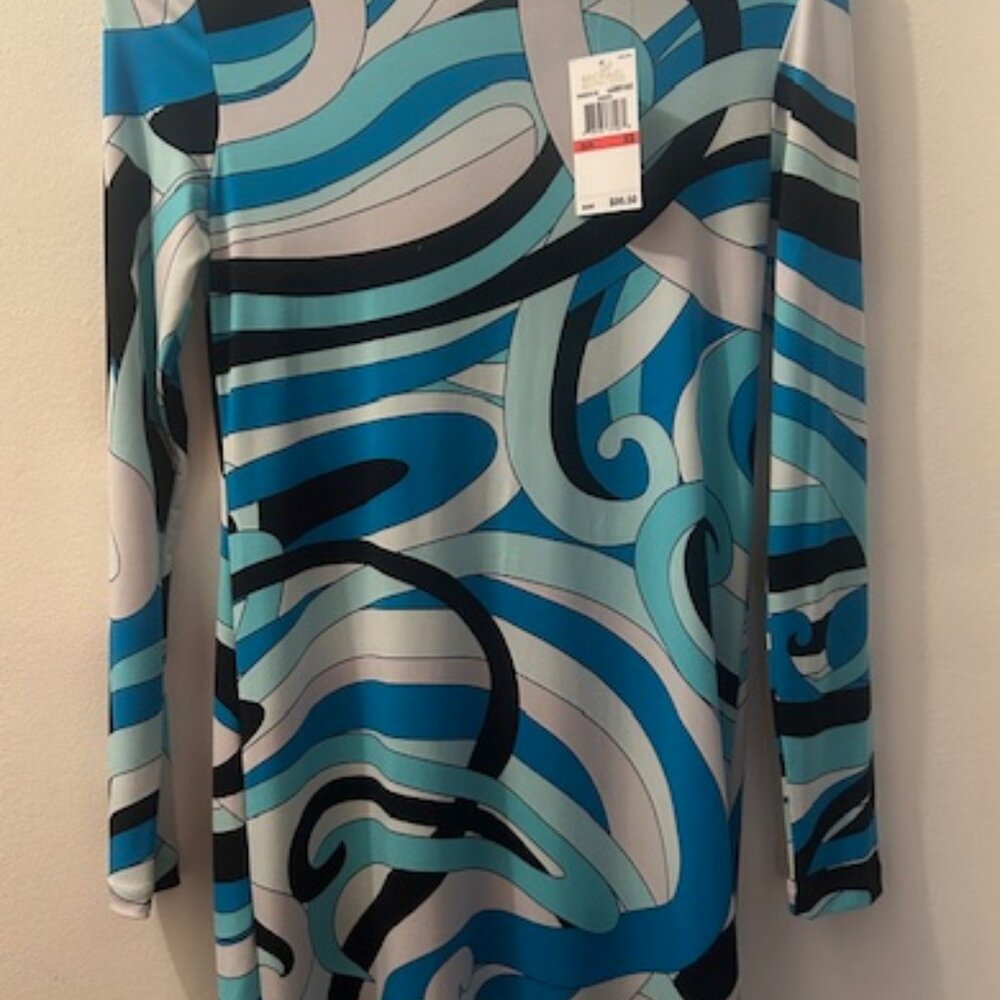 Michael Kors Abstract Geometric Retro Print Shades of Blue Stretch MiniDress NWT - Picture 8 of 16